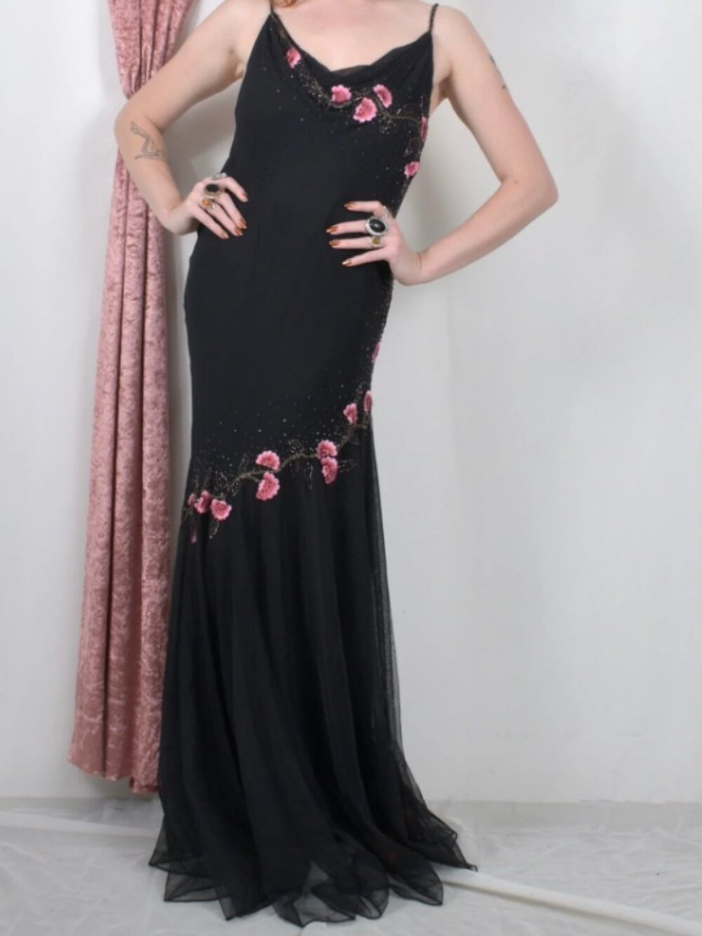 Vintage Xscape Black Silk Pink Beaded Flower Mermaid Maxi Formal Dress